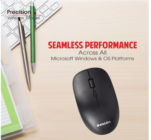 Zebion Precision 4G Wireless Mouse, USB Nano Receiver, Adjustable DPI 800/1000/1600, Automatic Sleep State, Transmission rang Upto 10M, Required for 2 AAA Batteries, Silent Switch, Black Color